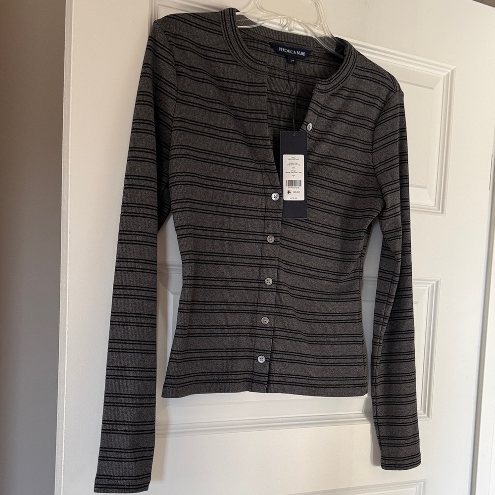 Veronica Beard Charcoal and Black Striped Button-Down Top